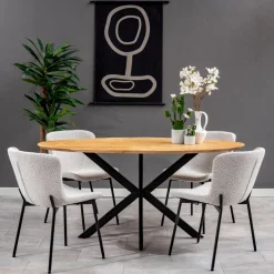 Mangohoutonline Eetkamerstoel Lille Beige Bouclé stof met zwart onderstel Mahom