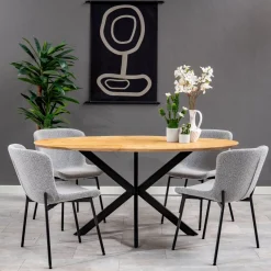 Mangohoutonline Eetkamerstoel Lille Lichtgrijs Bouclé stof met zwart onderstel Mahom